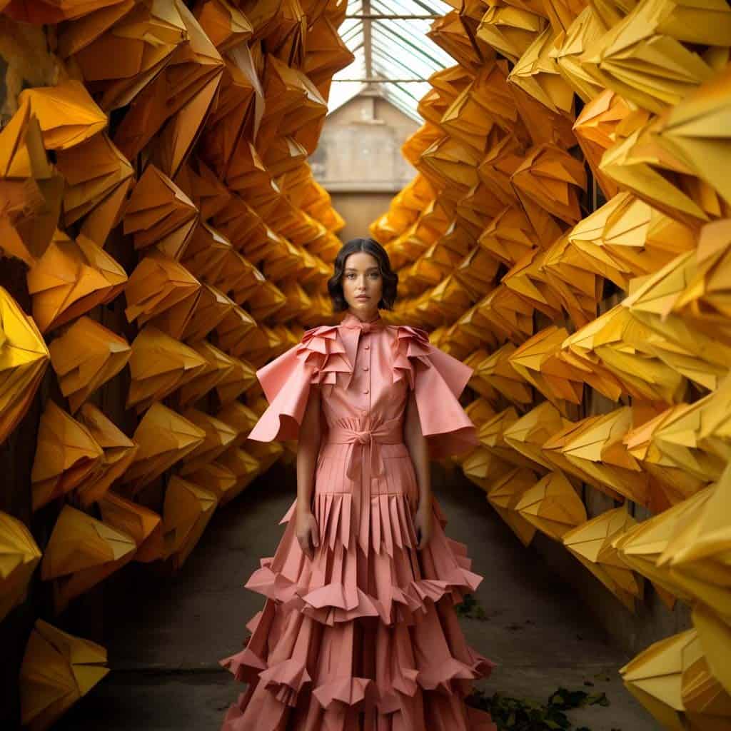 AI-generated image of a woman in a pink, origami-inspired dress, standing in a pathway surrounded by large yellow folded paper shapes