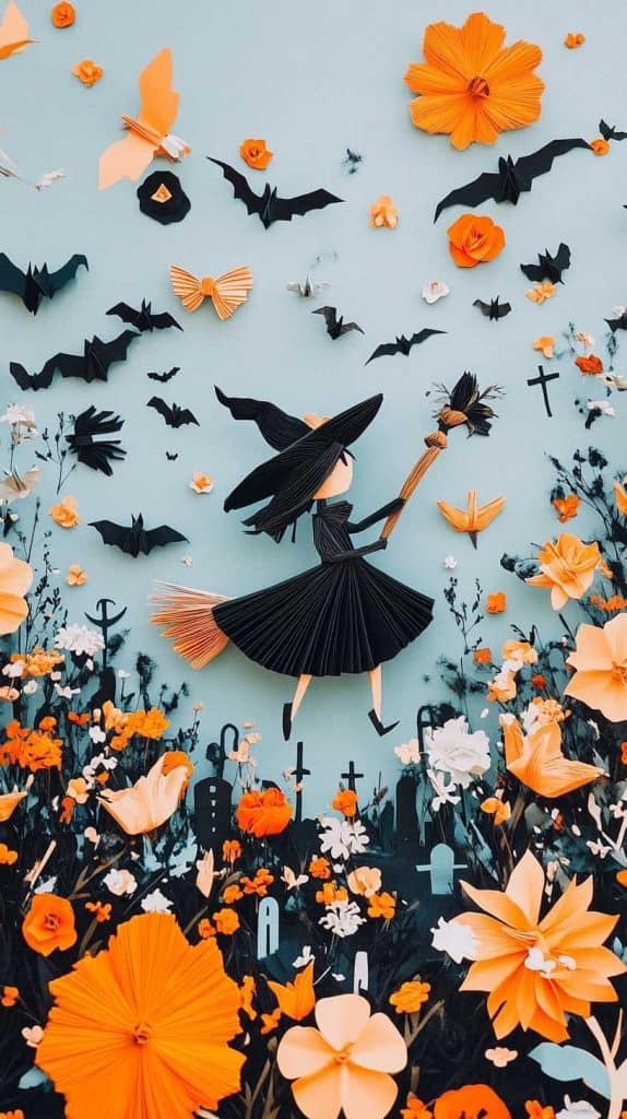 AI-generated paper art featuring a whimsical witch flying on a broomstick amidst vibrant orange flowers, bats, and butterflies, set against a light blue backdrop