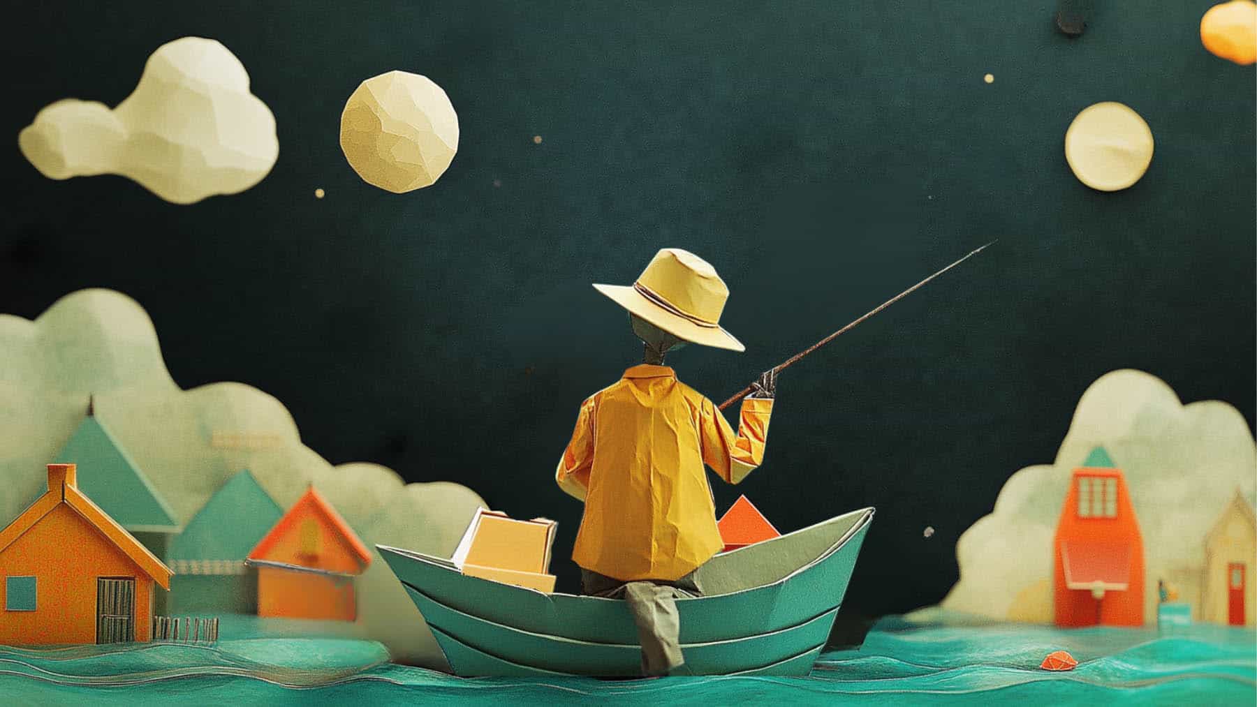 Origami fisherman in a small boat under a starry night sky, surrounded by paper-crafted houses and glowing celestial elements.