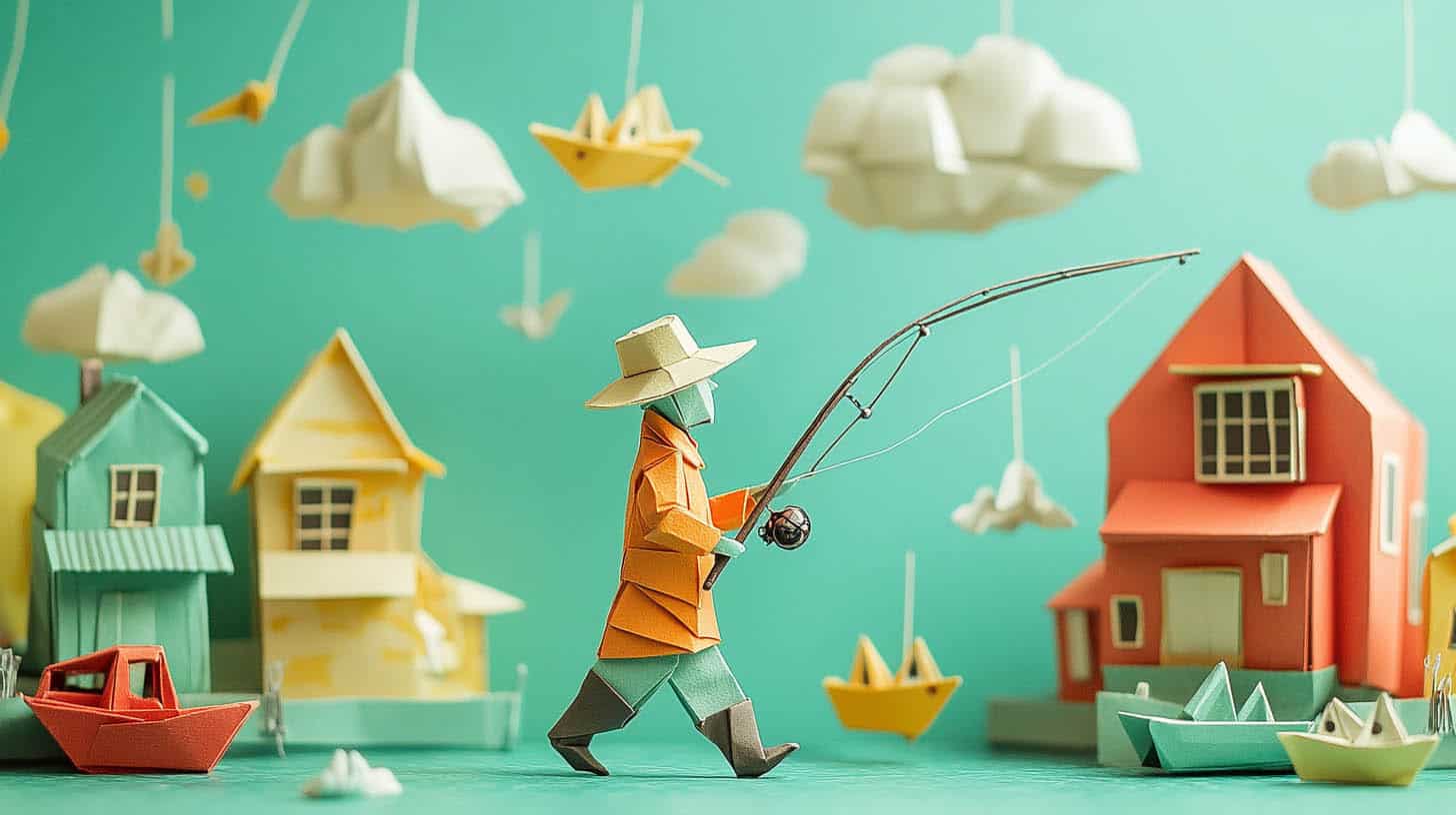 Origami fisherman in orange attire with a fishing rod, surrounded by paper-crafted houses, boats, and hanging clouds
