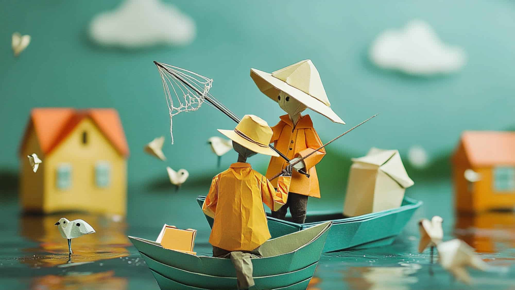 Origami fishermen in small boats with paper-crafted birds and houses in a serene aquatic setting
