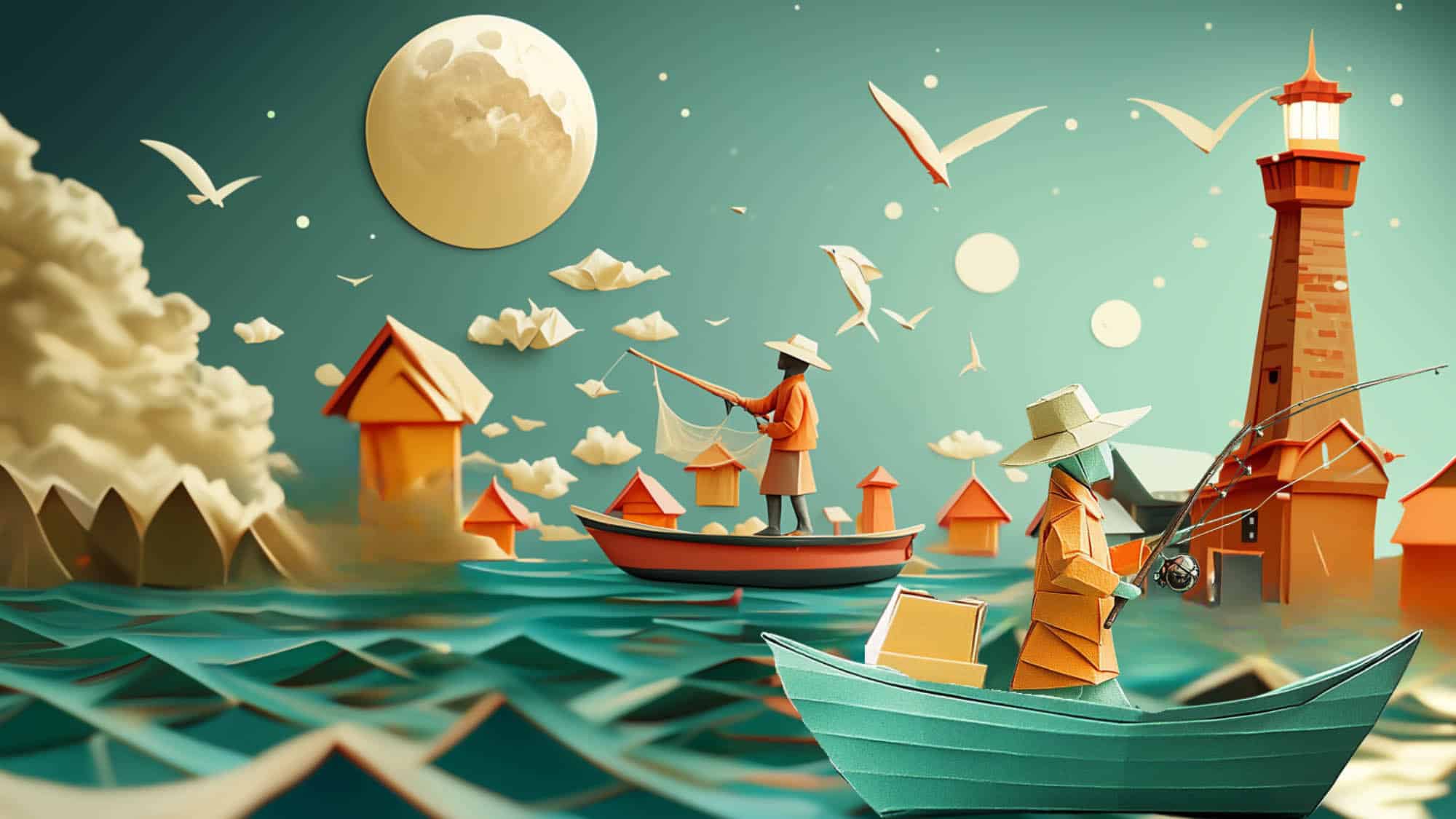 Origami-style fishermen on boats under a glowing moon, surrounded by paper-crafted houses, seagulls, and a lighthouse