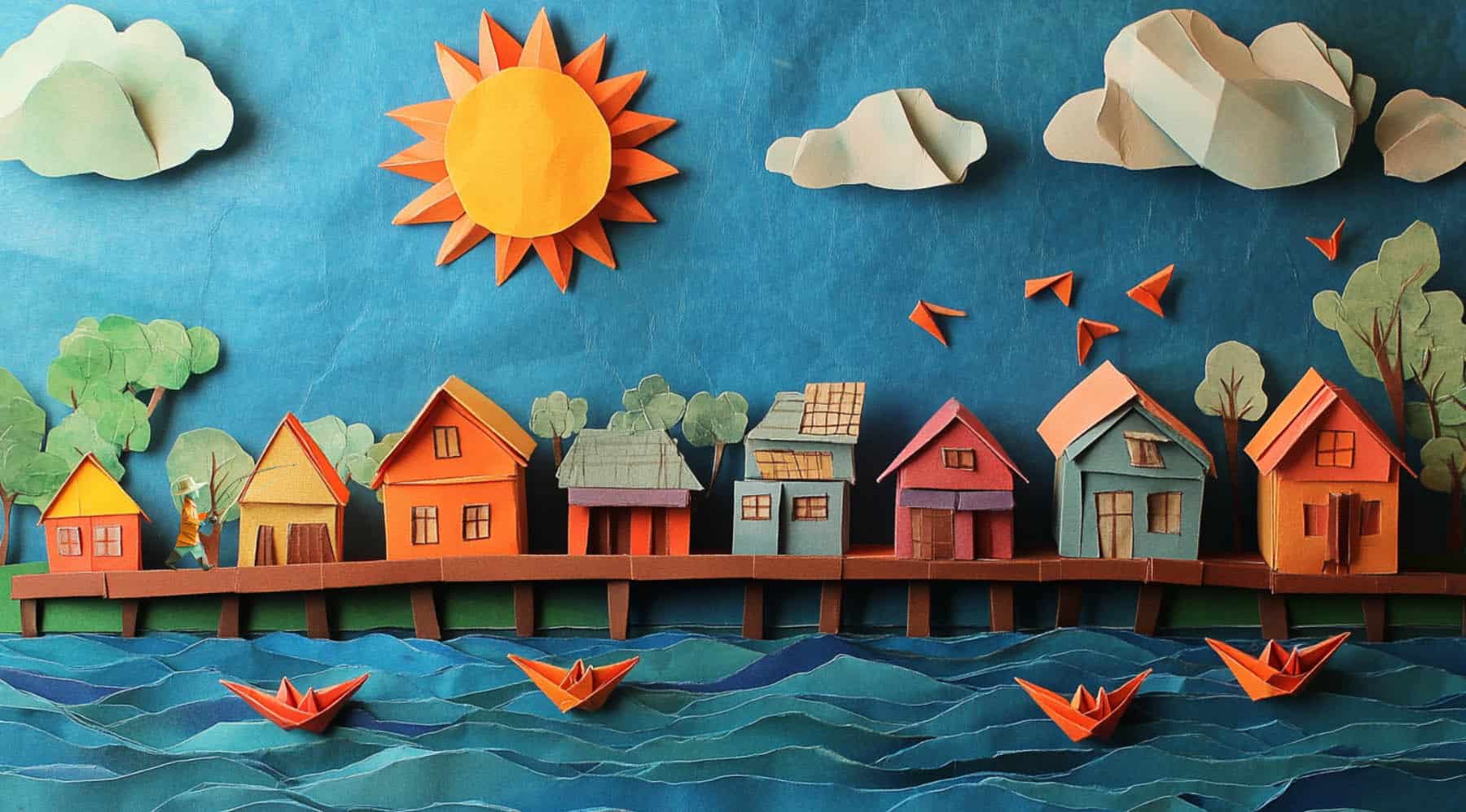 Origami village by the water under a vibrant sun, with colorful paper houses, trees, and boats.