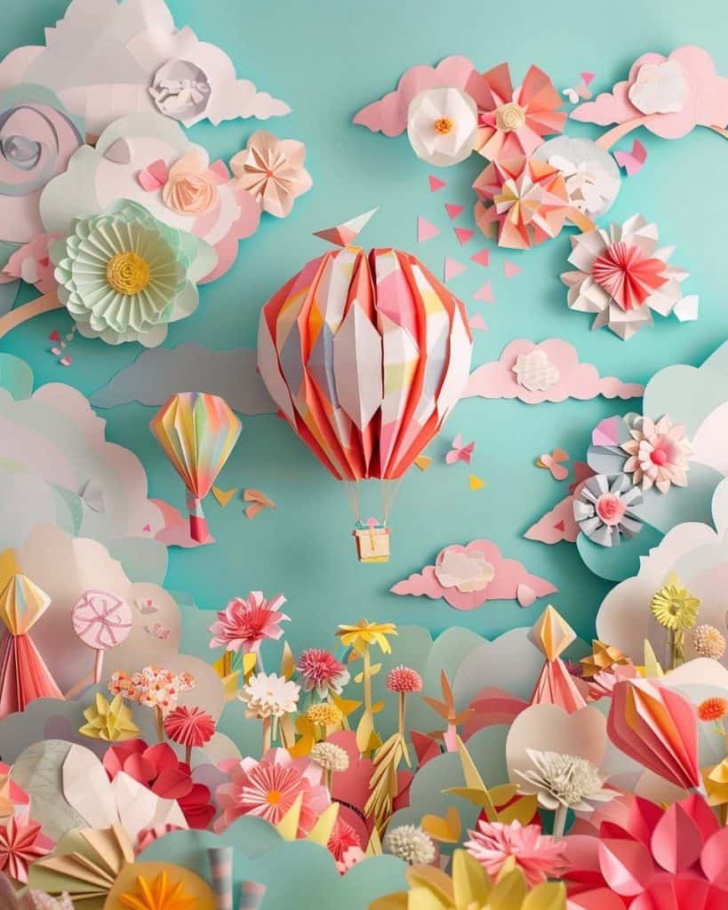 Colorful paper art of a hot air balloon flying over a field of pastel flowers and clouds, with butterflies fluttering in the scene.