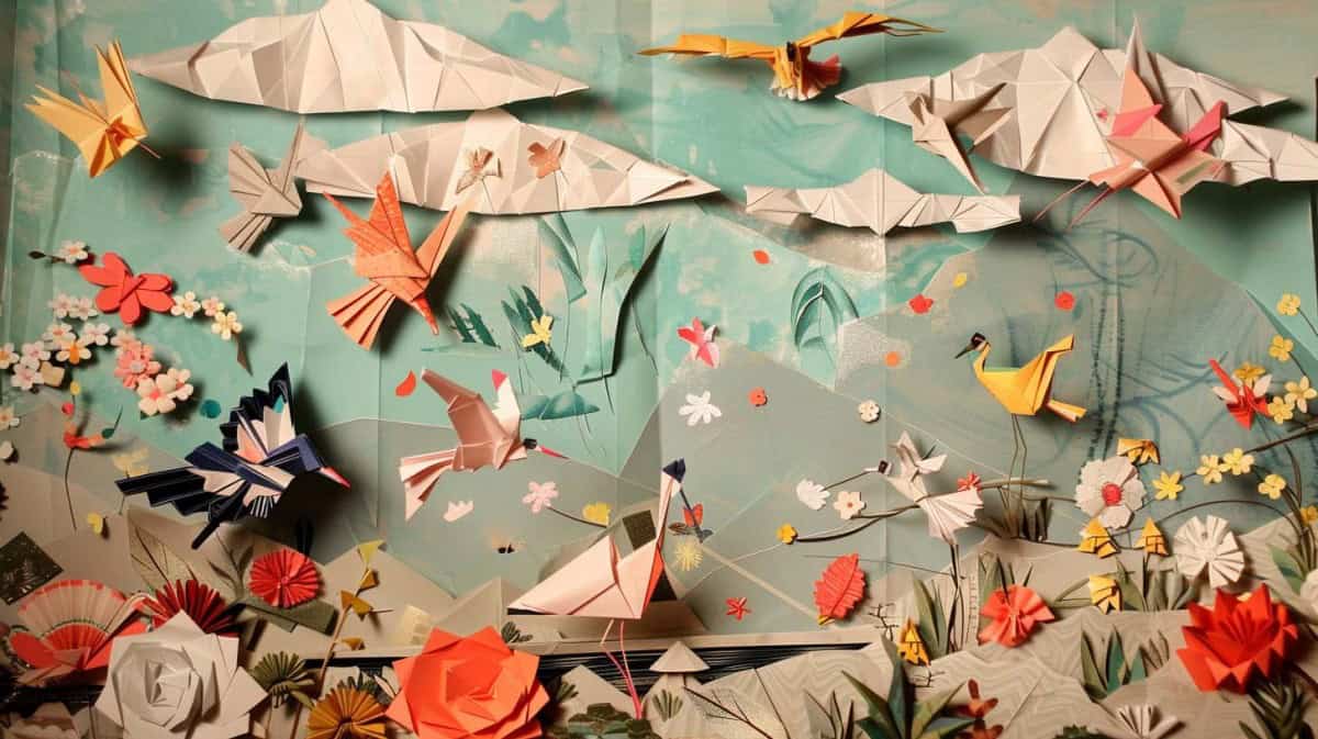 Detailed paper art of birds flying and perching in a vibrant landscape with flowers, clouds, and delicate foliage