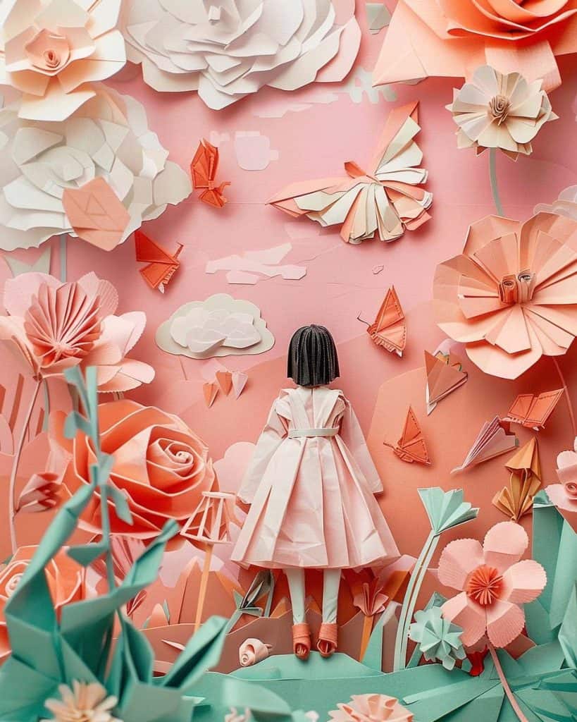 Intricate paper art of a girl in a dress surrounded by large flowers, butterflies, and soft clouds on a pastel pink background