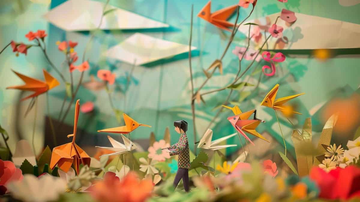 Intricate paper art of a person walking through a whimsical forest filled with colorful origami birds and flowers.