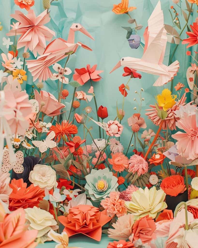 Intricate paper art depicting a garden scene with colorful origami flowers, birds, and butterflies on a light teal background