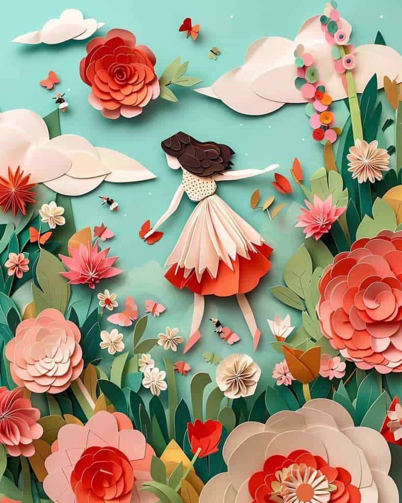 Intricate paper art of a girl dancing through a garden filled with colorful flowers, butterflies, and clouds against a soft teal background.