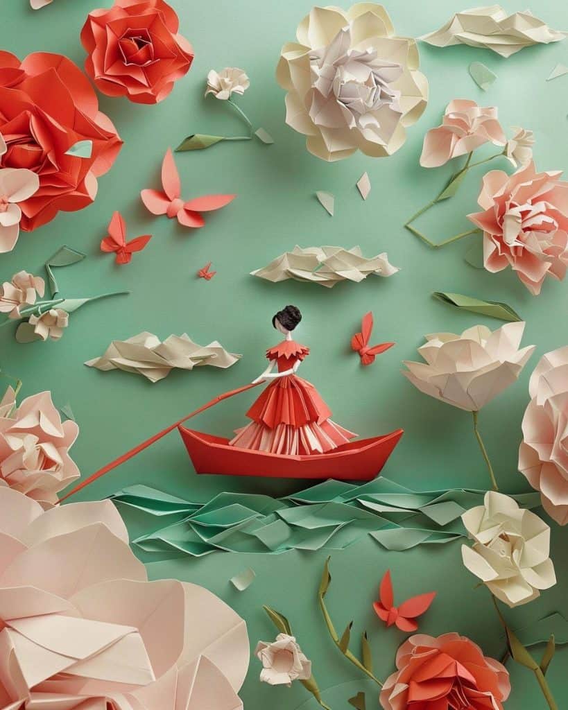 Intricate paper art of a lady in a red dress on a boat surrounded by large flowers and butterflies, set against a mint green background.