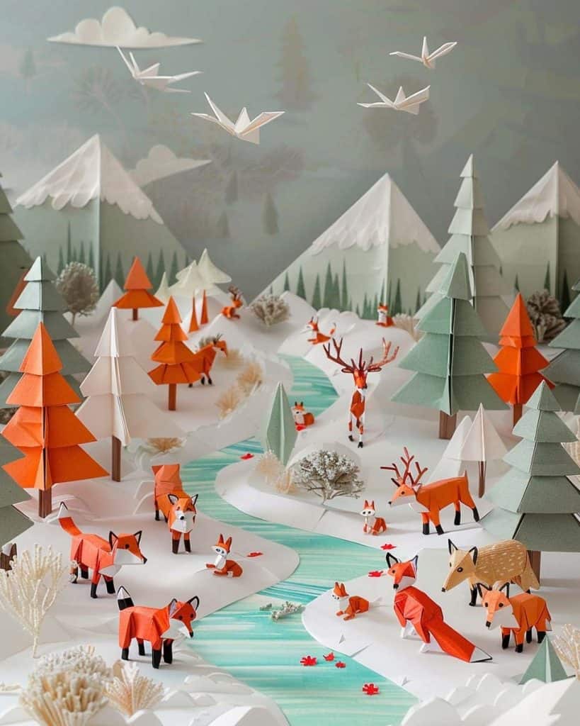 Intricate paper art of a winter forest scene with foxes, deer, and birds, featuring snow-covered trees and a flowing river.