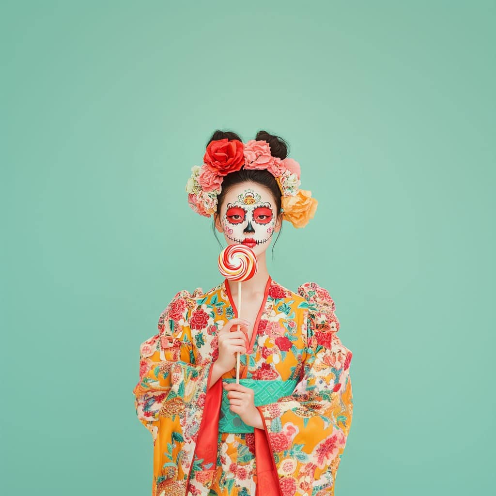 AI-generated portrait of a woman with colorful floral headpiece and Day of the Dead face paint, holding a lollipop against a pastel green background