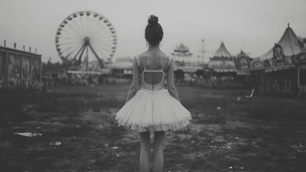 Black and white photograph of a ballerina in a tutu standing in front of an abandoned amusement park, with a Ferris wheel in the background.