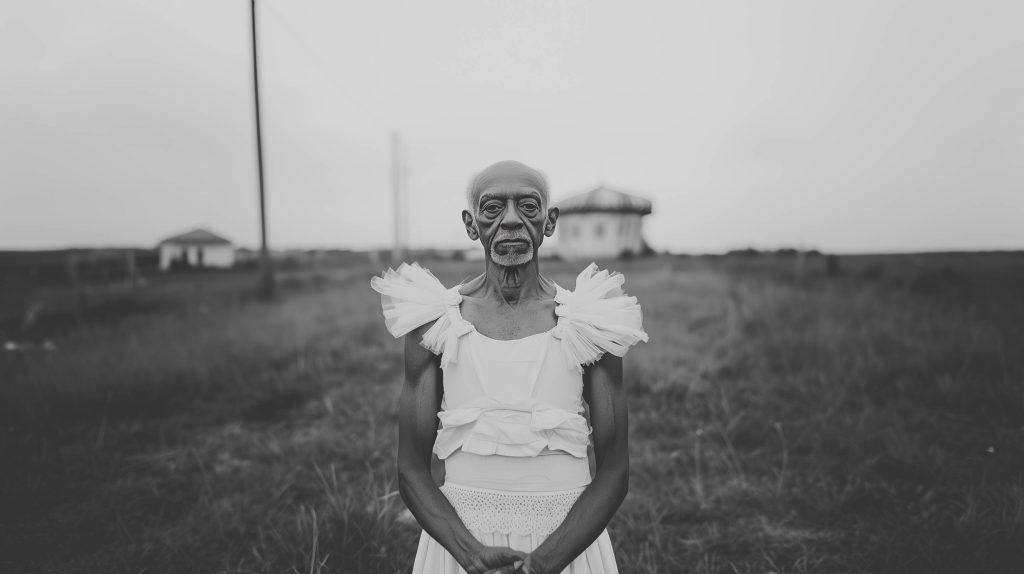 Black and white portrait of an elderly man in a white dress with tulle details, standing in a rural landscape with distant buildings.