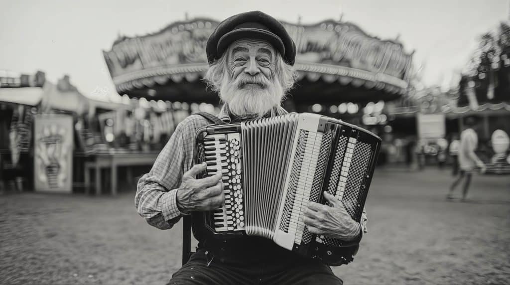 Black and white photograph of an elderly man with a beard and hat, playing an accordion in front of a blurred carnival background.
