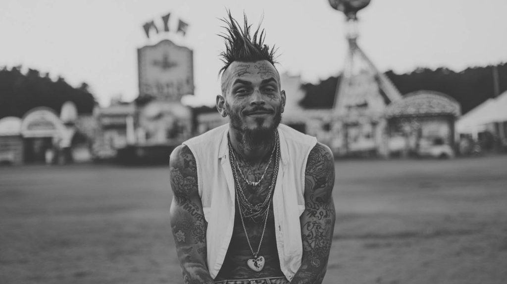 Black and white portrait of a tattooed man with a mohawk, smiling confidently at an outdoor carnival.