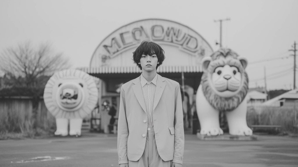 Black and white photo of a young man in a suit standing in front of a vintage amusement park entrance with large lion statues