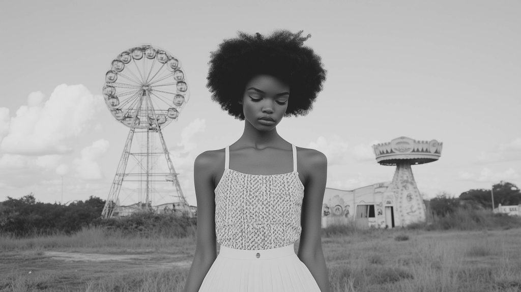 Black and white portrait of a young woman with natural hair wearing a patterned top and skirt, standing in front of an abandoned amusement park with a Ferris wheel and carousel.