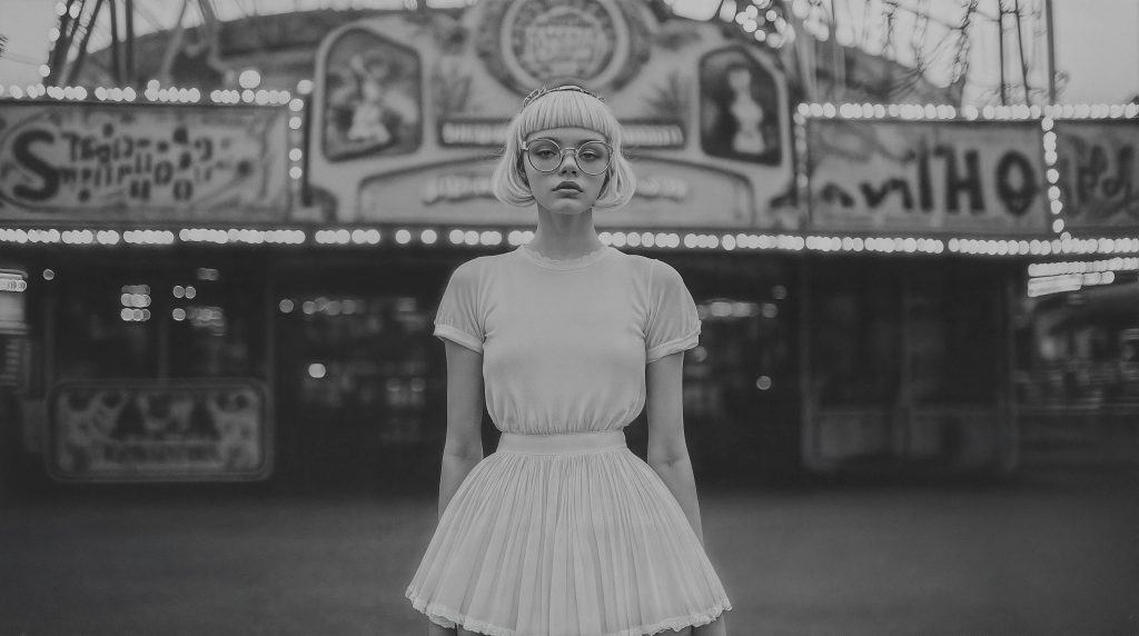 Black and white portrait of a young woman with bobbed hair and glasses, standing in front of a lit-up carnival facade wearing a simple white outfit.
