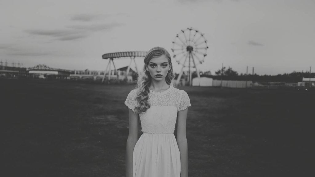 Black and white portrait of a young woman in a lace dress, standing in an empty field with an abandoned amusement park in the background.