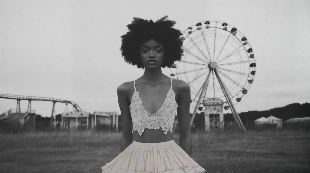 Black and white portrait of a young woman with natural hair wearing a lace top and skirt, standing in front of an abandoned Ferris wheel.