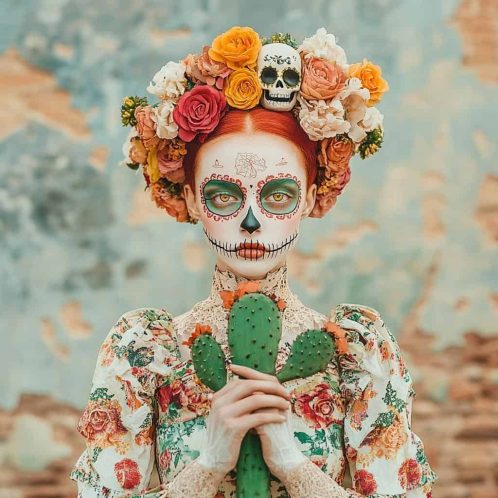 Close-up portrait of a woman with Day of the Dead makeup holding a cactus, wearing a floral dress and an ornate flower crown with a small skull.